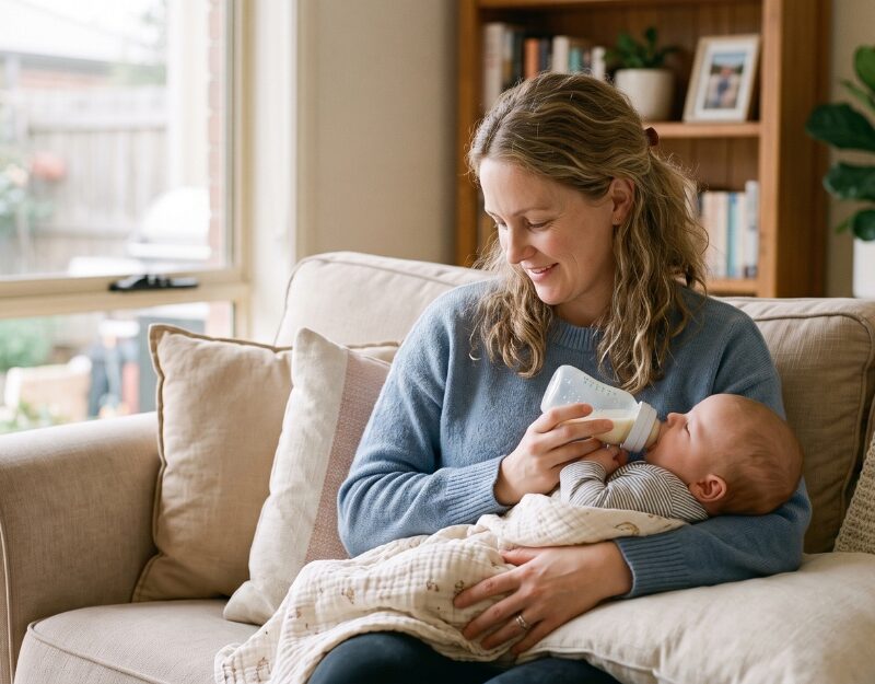 Mother gently bottle-feeding her baby at home, reflecting the family impact of birth injury compensation claims in Australia