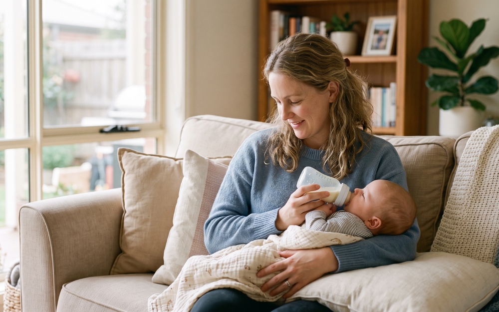 Mother gently bottle-feeding her baby at home, reflecting the family impact of birth injury compensation claims in Australia
