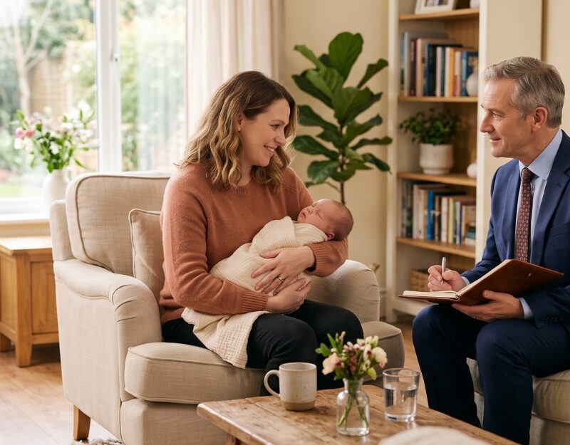 Mother and baby discussing a forceps delivery injury claim with a supportive lawyer