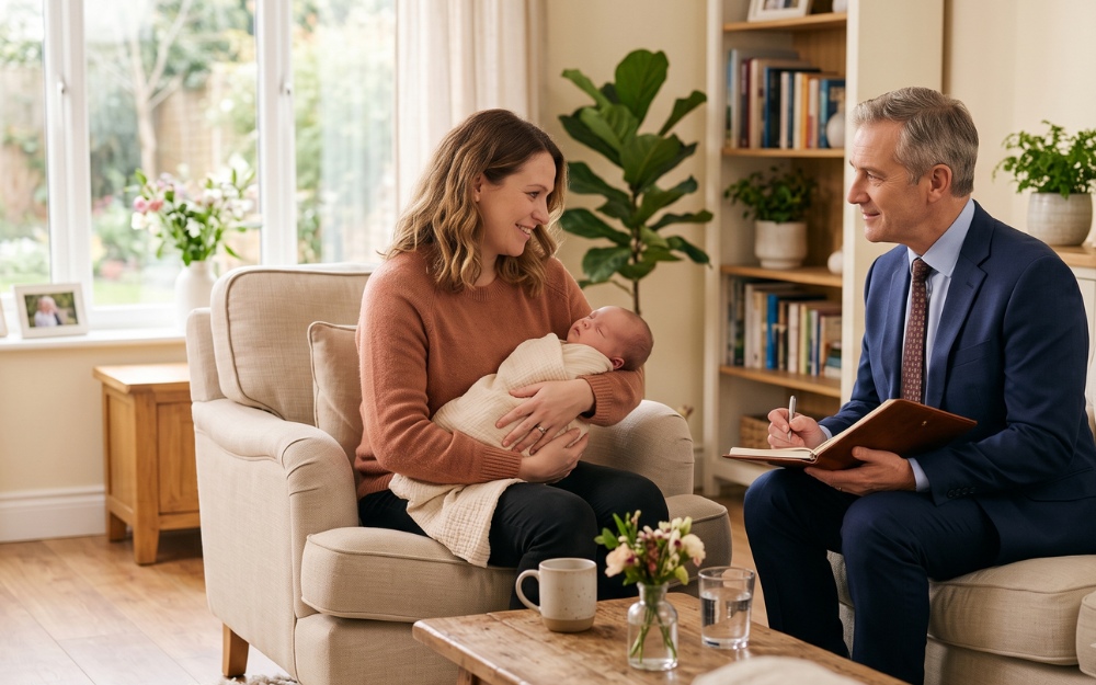 Mother and baby discussing a forceps delivery injury claim with a supportive lawyer
