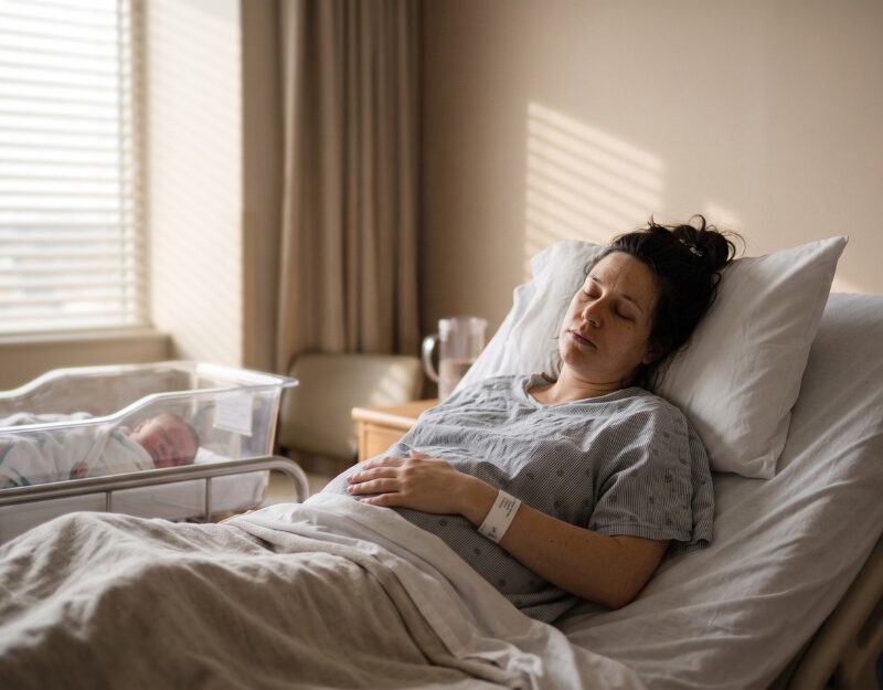 New mother in postpartum recovery reflecting on a case involving medical negligence in childbirth