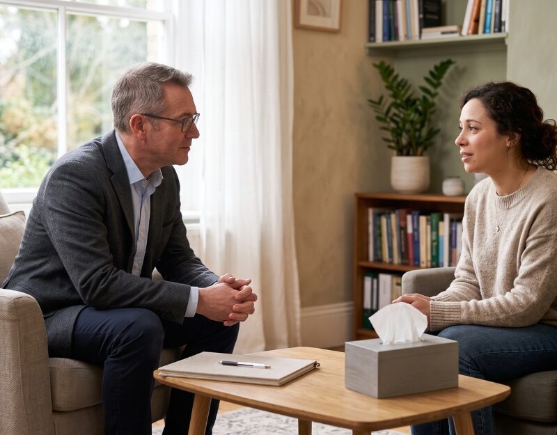 Australian woman speaking with a supportive lawyer in a private office during a confidential consultation about a perineal tear compensation