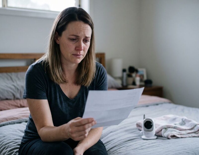 Woman sitting alone at home holding a document, reflecting on whether she gave informed consent in birth