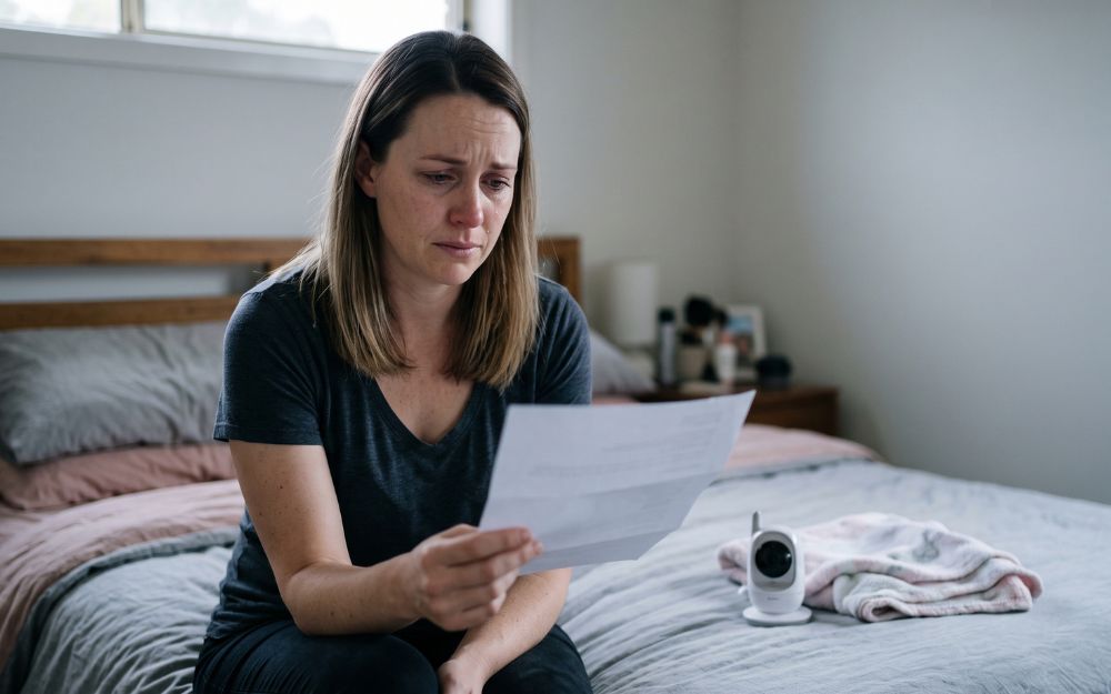 Woman sitting alone at home holding a document, reflecting on whether she gave informed consent in birth