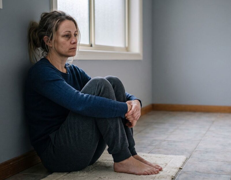 Woman sitting alone at home, reflecting on years of unspoken pain after a third degree tear during childbirth