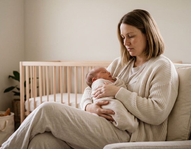 Mother recovering from a serious perineal tear, sitting carefully in a nursery armchair holding her newborn